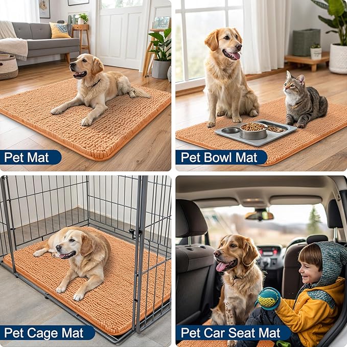 Smiry Dog Door Mat for Muddy Paws 36x24, Absorbs Moisture and Dirt Doormat, Non-Slip Washable Quick Dry Chenille Front Door Mat Indoor Entrance, Entryway Carpet for Inside Floor, Orange