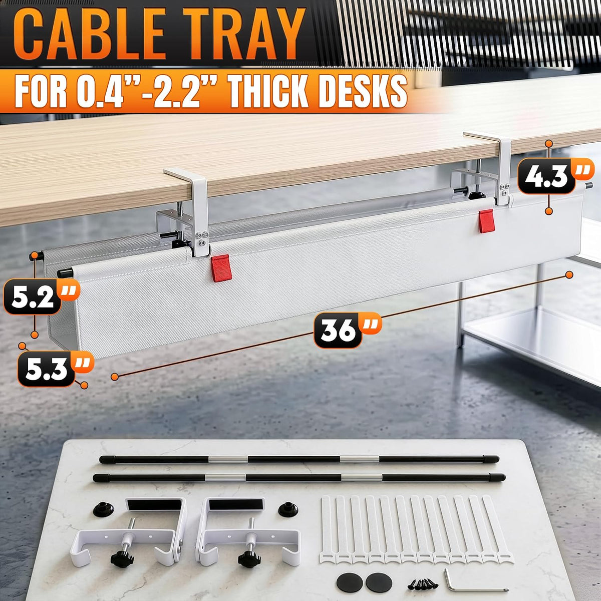 Under Desk Cable Management Tray 36" — No Drill Clamp-On Cord Organizer for Desk with Built-in Ties, Heavy Duty Metal Clamp, Foldable 600D Oxford Fabric for Home Office, WFH & Gaming PC Setup (White)