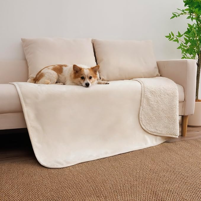 Waterproof Dog Blanket for Large Dog, Leak Proof Pet Sherpa Couch Throw Blankets for Cat, Reversible Sofa Bed Protector Machine Washable-40 x50,Beige