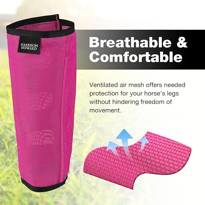 Harrison Howard Loose Fitting Fly Boots UV-Protective Extra Tough Mesh Ventilated Four Fasteners Stay-on Design Protect Horse Legs & Stomp-Reducing Set of 4 Magenta Mini
