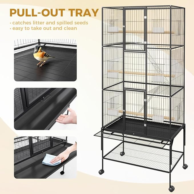 69 Inch Large Bird Flight Cage Rolling Parrot Cage with Storage Shelf for Mid-Sized Birds, Macaw Cockatiels Conures Parakeets Budgie Finch Black