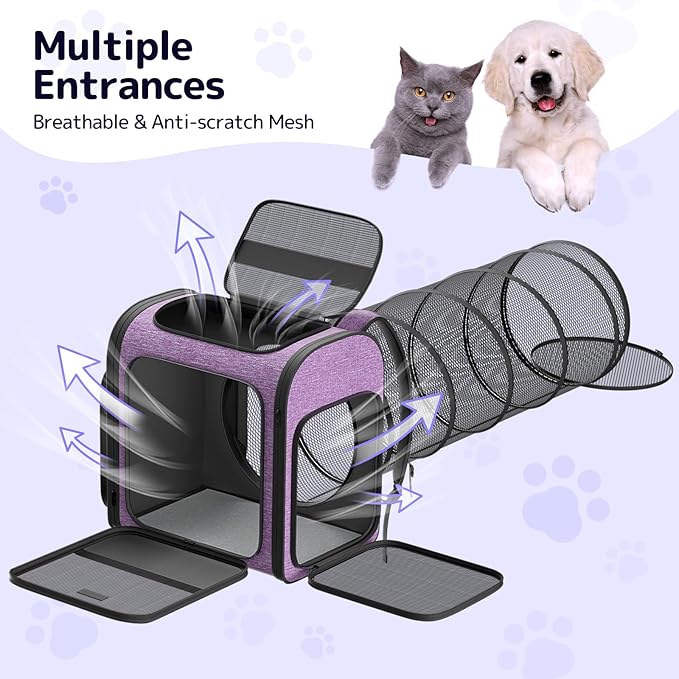 Pawtners Cat Backpack Carrier with Play Tunnel, Large Dog Backpack with Breathable Mesh, Expandable Pet Carrier Backpack for Small Medium Kitten Puppy Up to 18 Lbs, Suitable for Travel Hiking Camping