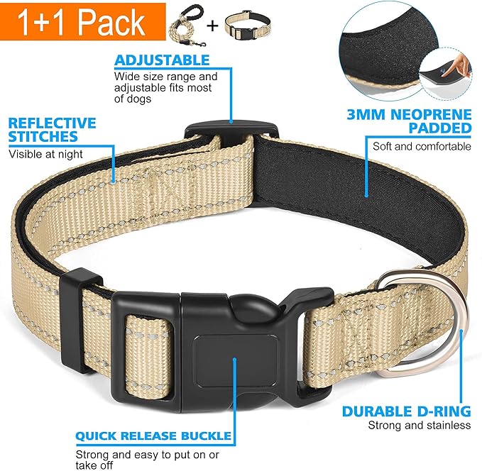 Reflective Dog Collar Padded with Soft Neoprene Breathable Adjustable Nylon Dog Collars for Small Medium Large Dogs (Small (Pack of 1), Vanilla Collar+Leash)