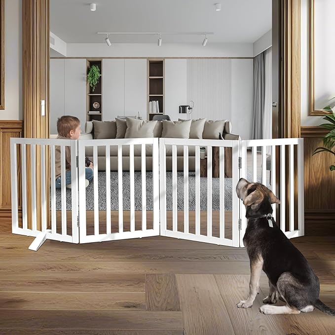 ZJSF Freestanding Indoor Dog Gate for House Foldable Wood White Puppy Gate for Doorways Pet Gate for Stairs Extra Wide Pet Fence 24" Height 4 Panels
