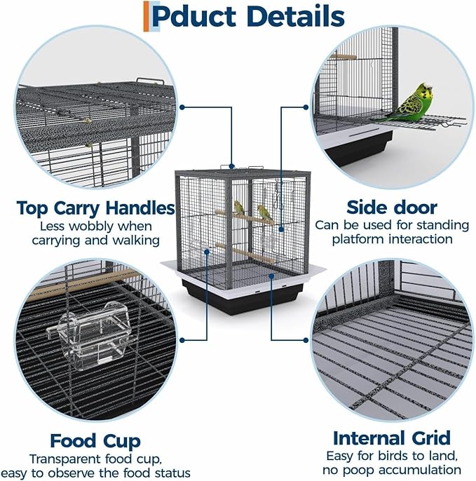 Bird Flight Cage 16 x 16 x 20 Inch, Wrought Iron Parrot Cage with Top Carry Handle, Food Cup, Removable Tray and Perches, Bird Carrier for Parakeet, Cockatiels, Budgies and Small Medium Birds