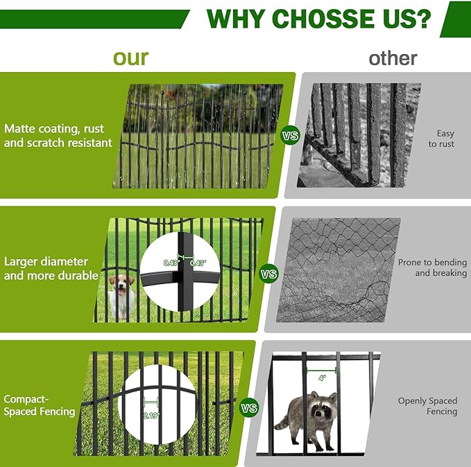 8 Panels No Dig Decorative Garden Fence with Gate - 40in H x 18ft L, Tall Heavy-Duty Square Tube Animal Barrier, Rustproof Dog Fence for Outdoor Yard & Patio Protection