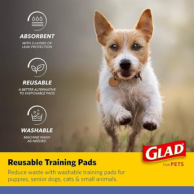 Glad for Pets Reusable Dog Pee Pads, Gray with Paw Prints - Washable Potty Pads for Dogs, Cloth Puppy Potty Training Pads, Puppy Essentials, Waterproof Pet Mats for Floor, 18” x 24”, 2 Count