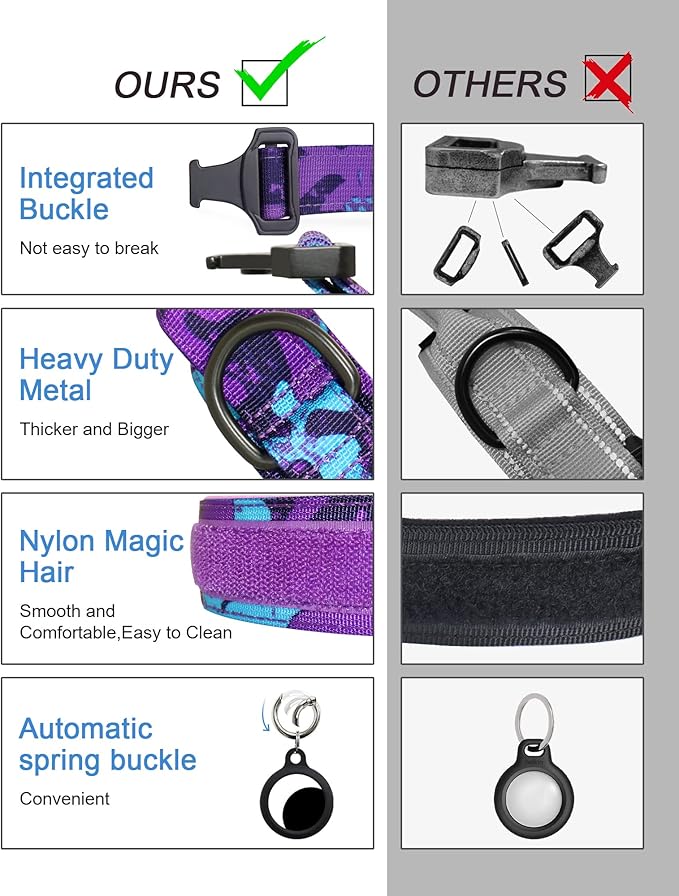 Hotsky Tactical Dog Collar, Adjustable Military Training Nylon Airtag Collar with Handle and Heavy Duty Metal Buckle for Medium Large Dogs, with Airtag Holder and Two Patches（Purple Camo,M）