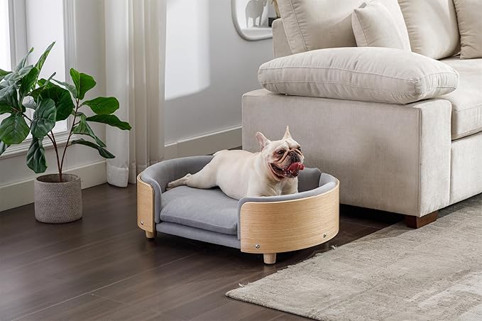 Dog Crate Furniture Elevated Pet Sofa Bed with Solid Wood Legs - Mid Size Indoor Dog House Kennel Cage for Medium Dogs,LIGHTGREY