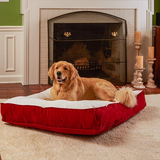 South Pine Porch Buddy Reversible Rectangle Pillow Style Microfiber and Sherpa Dog Bed with Removable, Machine-Washable Cover, Crimson Sherpa, Large (48 in. x 36 in.)