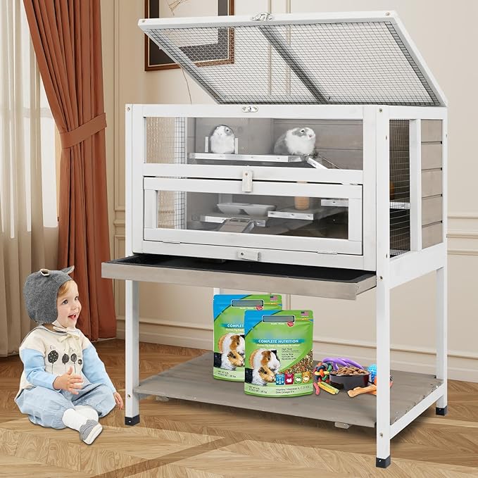 PetsCosset Guinea Pig Cages Hamster Cage Indoor with Stand Storage Wooden Outdoor Small Animals Habitat with Hideout House Pull Out Tray