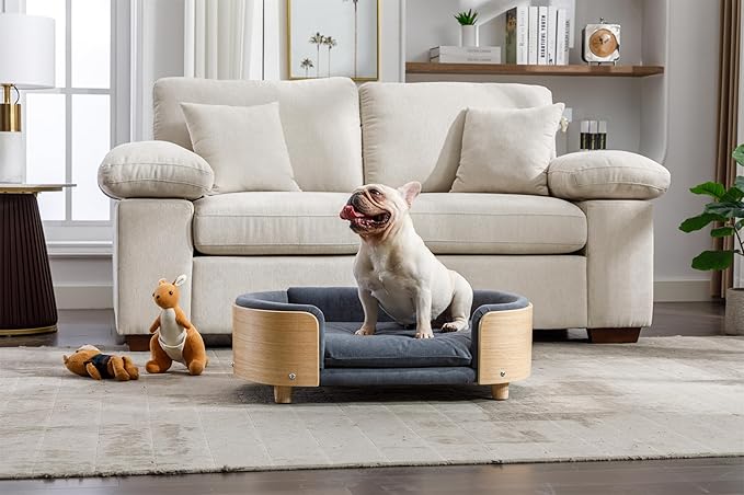 Dog Crate Furniture Elevated Dog Bed with Solid Wood Legs and Bent Wood Back, Mid Size Pet Sofa Kennel Indoor Cage House for Medium Dogs,Darkgrey