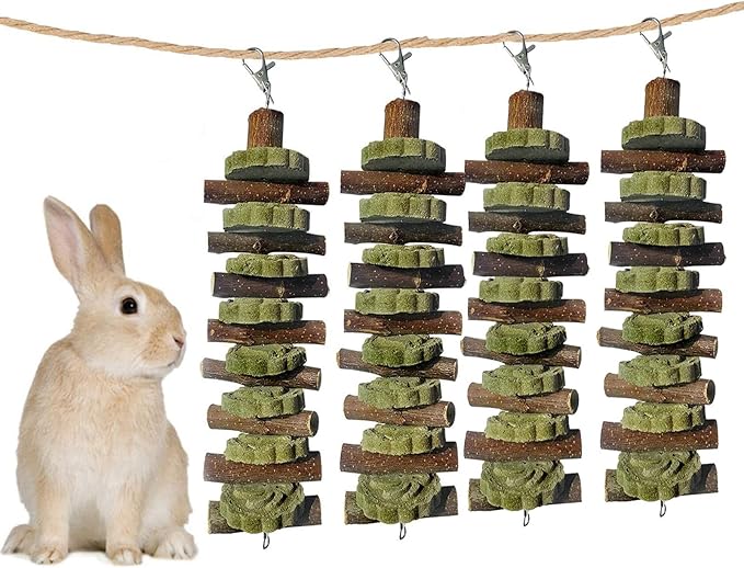 kathson 4PCS Bunny Chew Toys for Teeth Grinding, Chinchilla Treats Organic Bamboo Sticks Natural Fruitwood Branches for Rabbits Guinea Pigs Hamsters (Fruitwood Sticks+Alfalfa Cakes)