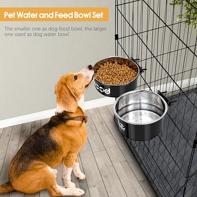 2 Pcs Large Pet Dog Food and Water Bowl Set for Cage, Stainless Steel Non-Spill Kennel Hanging Cats Pets Bowls Crate Feeder Dish with Clamp Holder for Medium Large Dogs Pets (7.1x3.7'' & 7.1x2.5'')