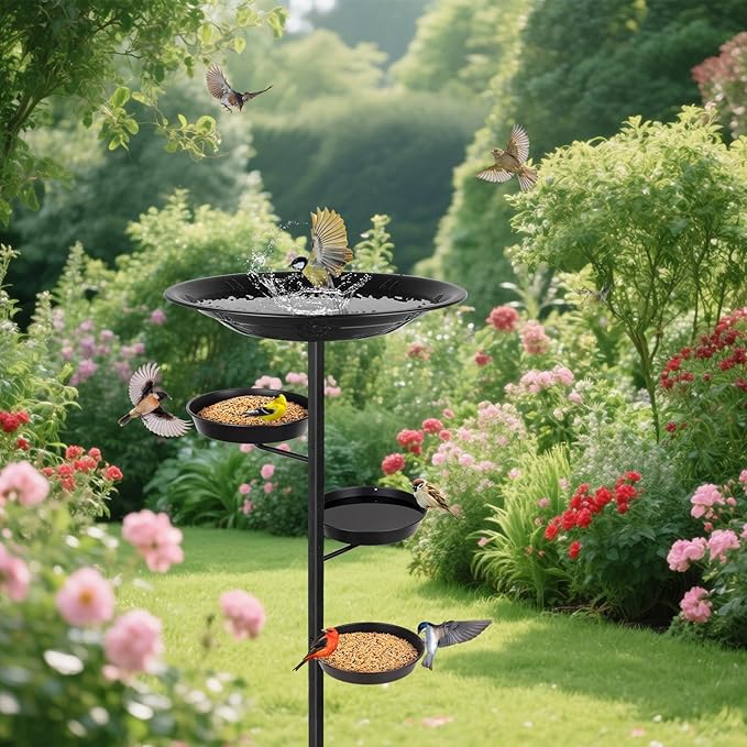BOLITE Bird Bath for Outside, Metal Freestanding Birdbaths with Bath Bowl and Seed Bowl, Hummingbird Feeders for Outdoors Garden Patio Yard Lawn Decor, Black, Gifts for Mom Dad, Gifts for Women Men