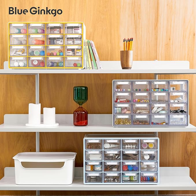 Blue Ginkgo Medium 16-Drawer Cabinet – Stackable Clear Organizer for Hardware, Beads, Plastic Bricks, Office, and Craft Storage (Made in Korea, Yellow)
