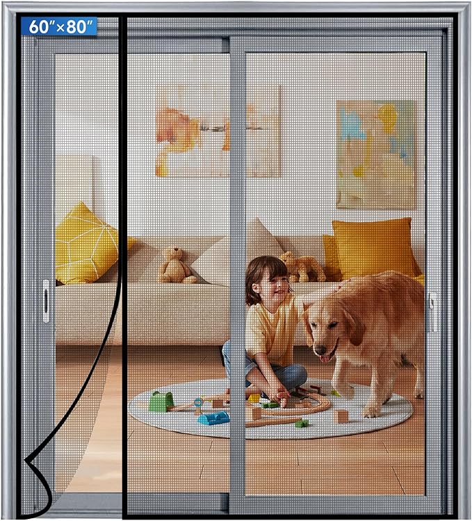 Magnetic Screen Door Left Right Side Opening Upgraded PET Mesh Greater Than Fiberglass and Polyester,Keep Bugs Out,Pet & Kid Friendly,Suitable for Sliding Doors,Patio French Doors-60" X 80"