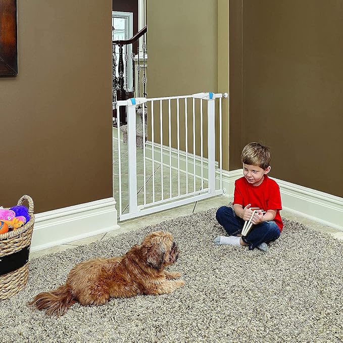 MidWest Homes for Pets 29 Inches Tall Walk-Though Steel Pet Gate, Pressure Mounted Dog Gate with Glow Strip Measures 29H x 29.5-38W Inches & Includes Two 3-Inch-Wide Extensions, White