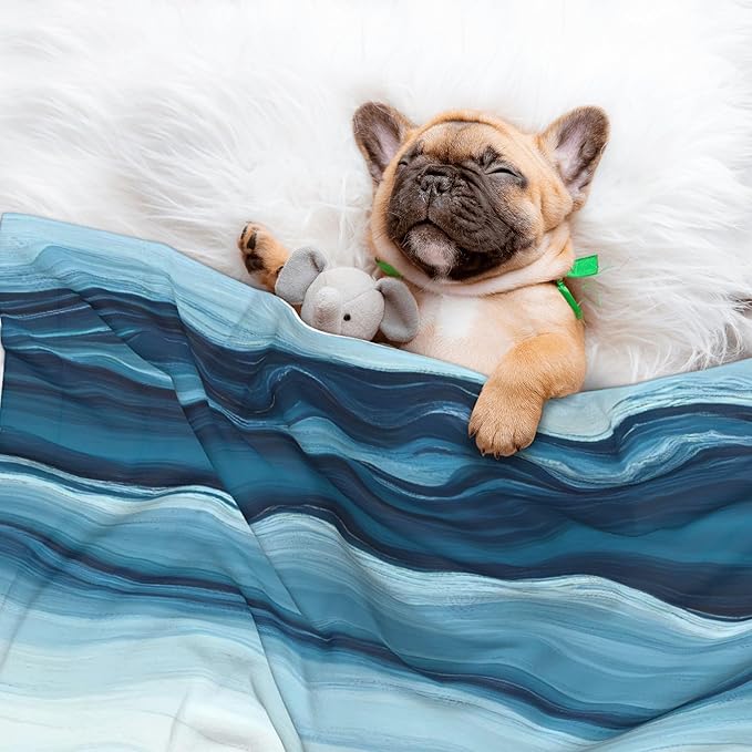 Waterproof Dog Blanket Soft Pet Blanket for Puppy Cat, Fleece Cat Throw Blankets for Furniture Bed Couch Sofa Reversible - Teal Turquoise Fluid Stripes
