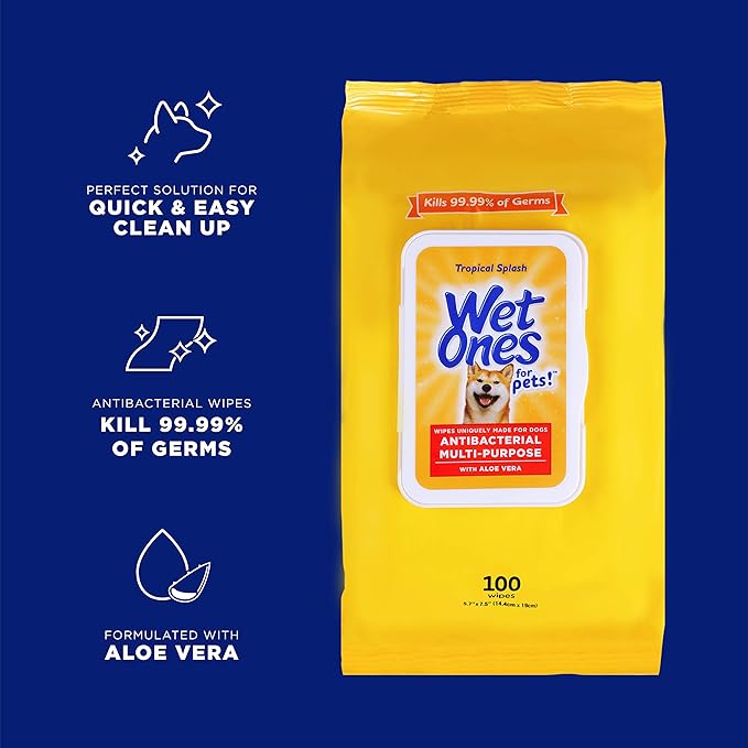Wet Ones Multi Purpose Pets Wipes for Dogs, with Aloe Vera, Antibacterial, Kills Germs, Tropical Splash Scent, Pack of 3, 100 Count Pouches, 300 Wipes Total