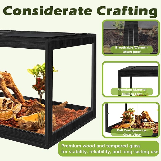 Prolee Tempered Glass Beard Dragon Tank 28 Gallon,Reptile Encloure and Snake Tank with Metal Mesh Roof Door,Locking Design Reptile Tank for Lizard,Gecko,Chameleon (24"X16"X16", Black)