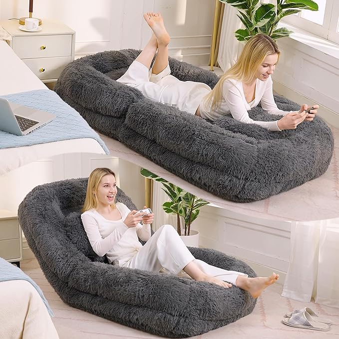 Dark Gray Foldable Human Dog Bed - 69"x35"x12" Fits You & Pets with Comfy Pillow, Washable Faux Fur, Oversized Lounger Lazy Sofa Beds with 5 Adjustable Position