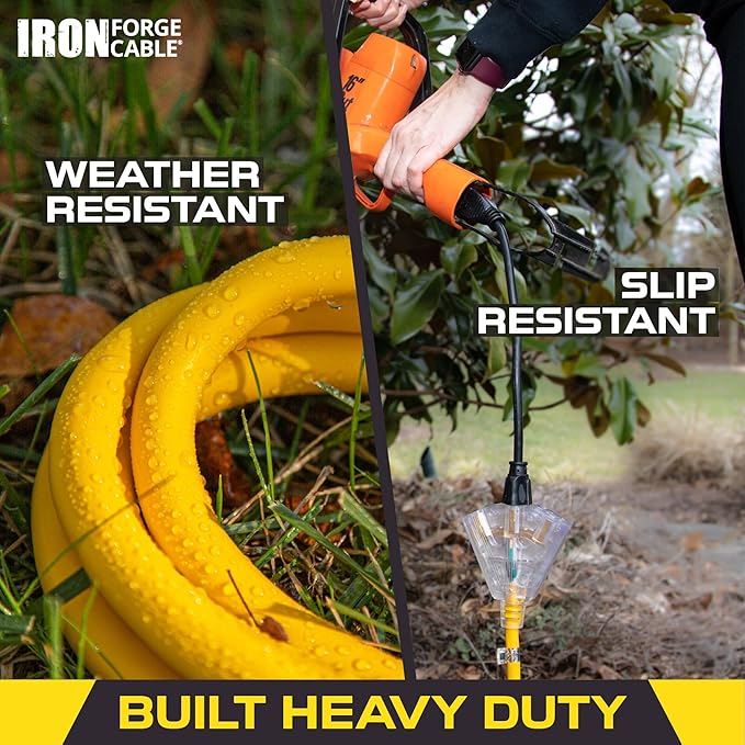 Iron Forge Cable 50 Foot Lighted Outdoor Extension Cord with 3 Electrical Power Outlets - 12/3 SJTW Heavy Duty Yellow Extension Cable with 3 Prong Grounded Plug for Safety, 15 AMP