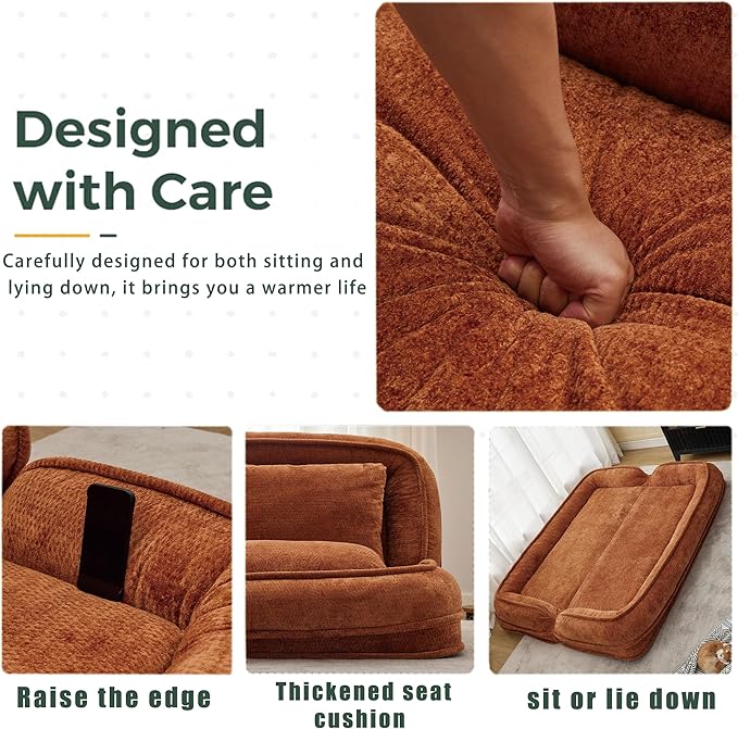 Double Human Dog Bed for Adult and Kids, Comfy Foldable Lazy Floor Loveseat Sofa Bed with 5 Adjustable Position, Upholstered Floor Bean Bag Lounger Chair for Bedroom, Living Room,Office (Orange.)