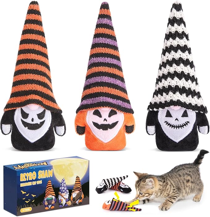 Retro Shaw Christmas Cat Toys Gnome, Xmas Safe Teeth Cleaning Catnip Toys for Indoor Cats Kitten, Interactive Cat Chew Kitty Kicker Toy for All Pet Breeds, 3 Pack