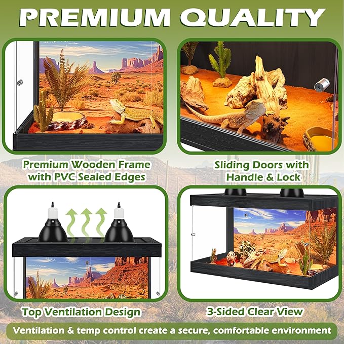 Royxen Bearded Dragon Tank, Tempered Glass Reptile Terrarium with Metal Mesh Top, 3-Side Clear Anti-Scratch Glass Lizard Tank for Reptile Habitat (Black, 24 Gallons,24" Length)