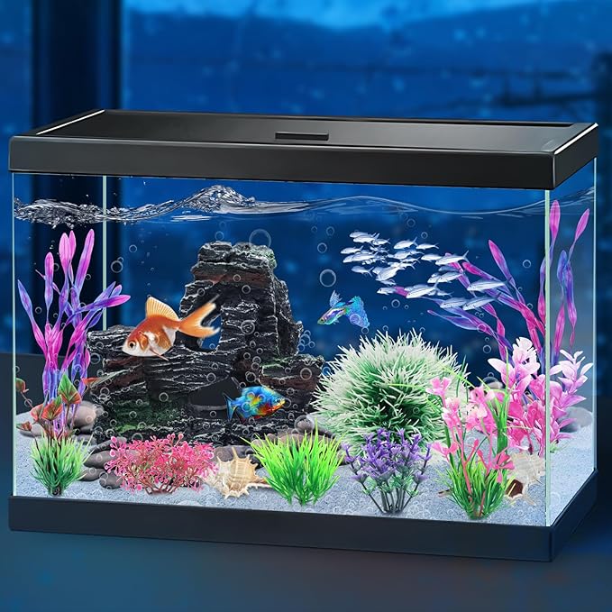 Fish Tank Accessories, Aquarium Fish Tank Plastic Plants and Cave Rock Decorations Set 10 Pieces, Small and Large Artificial Aquarium Plants with Cave Rock