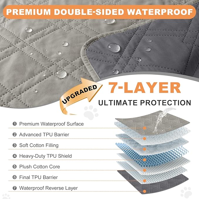 100% Waterproof Dog Couch Protector, Triple-Layer Waterproof Dog Bed Cover Pet Blanket Reversible 2-Tone Sofa Shield, Non-Slip Furniture Guard for Pets(35×71 Inch, Light Gray+Gray)