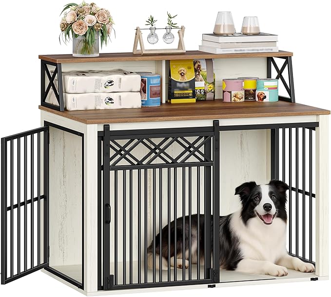 39.4'' Dog Crate Furniture, Large Wooden Dog Crate with Storage and 3 Doors, Indoor Kennel for Medium/Large Dogs, End Table with Barn Door, Chew-Proof and Escape-Proof, White Brown DFC87414B