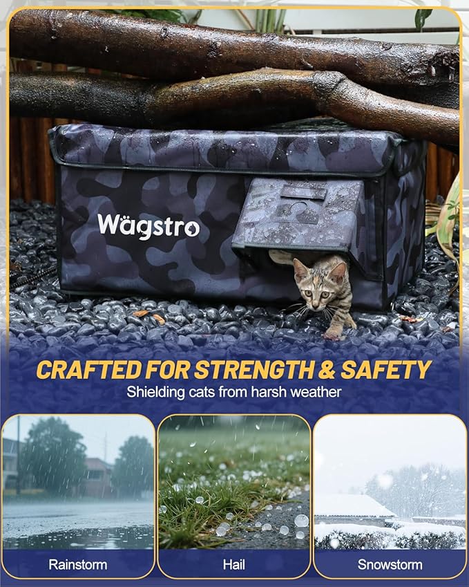 Heated Cat House for Outside, Waterproof Awning & Escape Door Heated Cat Houses for Indoor/Outdoor Cats in Winter, Elevated & Insulated Outdoor Cat Shelter for Feral Cat(Black Camo, 16.5"x12.6"x13")
