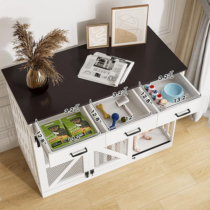 2-in-1 Farmhouse Dog Crate Furniture - Wooden Large Dog Kennel with Drawers Storage - Double Doors - Indoor TV Stand - Inner Height: 24 Inches - Ideal for One Big Dog or Two Small Dogs