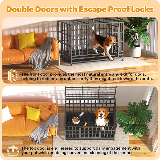 42 Inch Heavy Duty Dog Crate, Indestructible Escape-Proof Dog Kennel for High Anxiety Large Dogs, Strong Metal Pet Cage with Double Doors, Lockable Wheels & Removable Tray, XL XXL XXXL