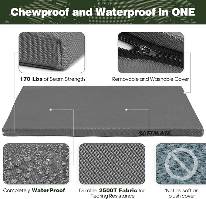 Durable Outdoor Dog Bed Chew Proof Dog Crate Mat for up to 35 lbs Medium Dogs with Waterproof Removable and Washable Cover