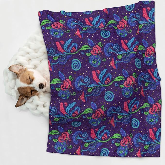Two Sided Pet Cuddler Blanket for Anxiety Calming, Colorful Doodle Surreal Landscape Fantastic Mushroom, Reversible Plush Design with Bubble Dot Pattern Provides Familiar Surface Anywhere