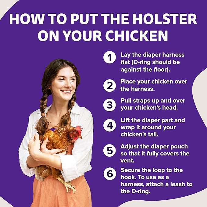 Hen Holster Bird Diaper, Wrap Around - for Hens, Roosters, Ducks, Leak-Proof Design, Comfortable Fleece Strap Bird Harness with Sewn-in Liner, Secure Hook and Loop Closure - Large, Purple