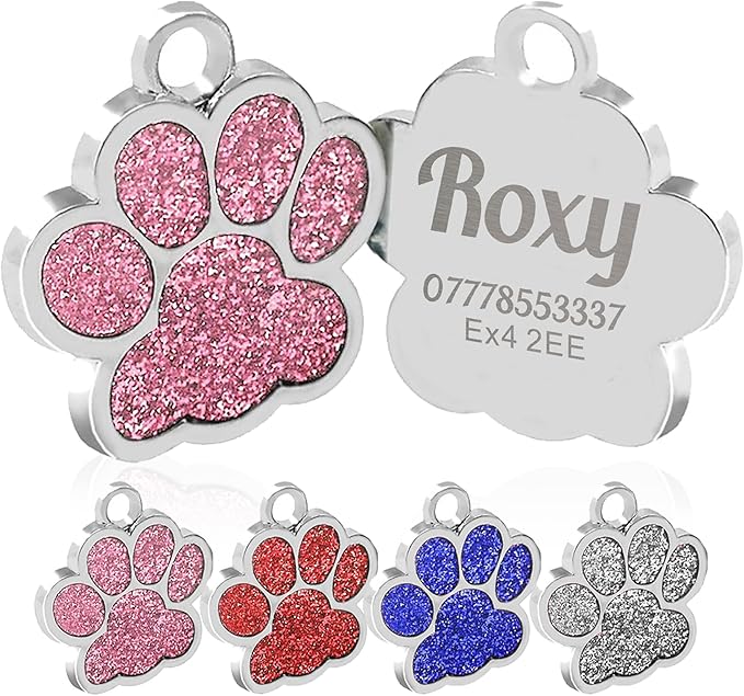 EDSG Cat Dog Tags Personalized for Pets, Dog Name Tags Cat Name ID Tag, Engraved Dog Tags Dog ID Tags Small Glitter Bling ID Tag Paw Print for Cat Pet Dog Puppy(Blue,Design 1)