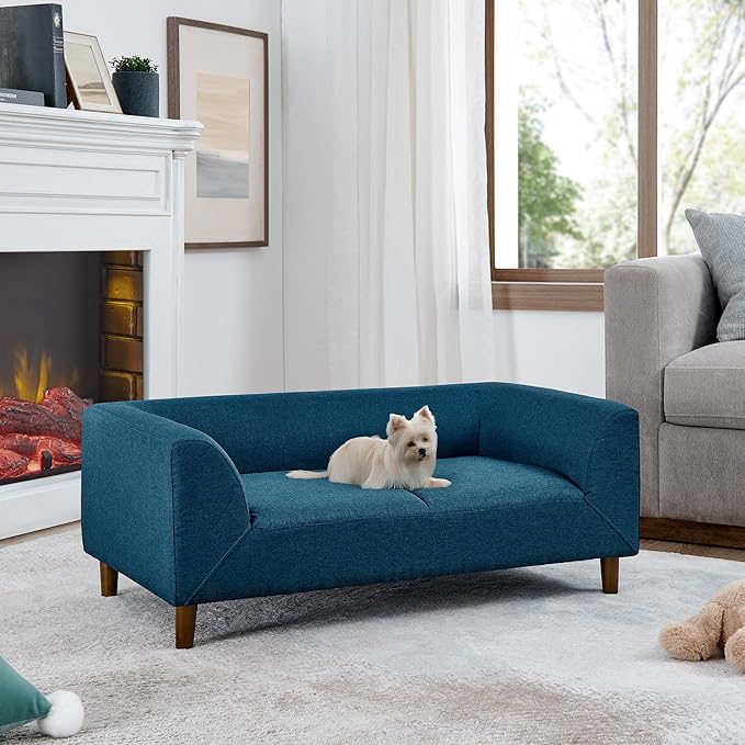 39x25 Inch Large Dog Sofa, Modern Jumbo Pet Couch Made Made by Linen with Armrest and Backrest - Indoor Elevated Dogs Chaise Bed for Doggy up to Medium and Large (Blue)