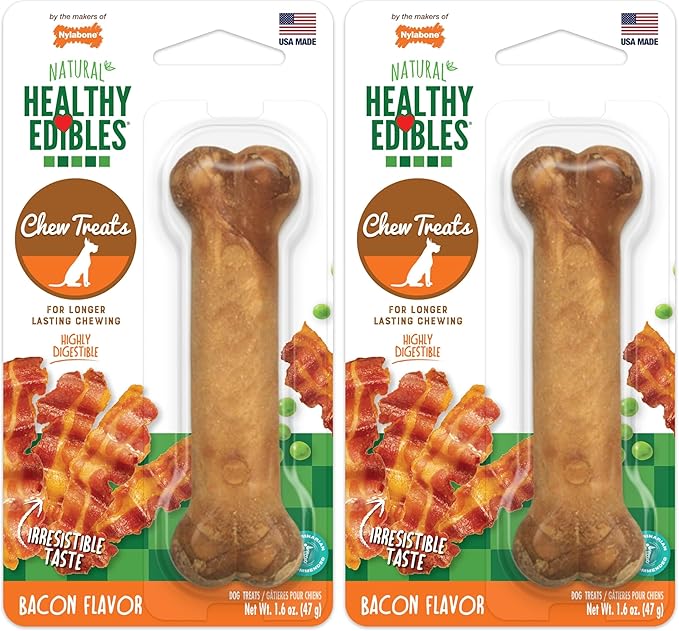 Nylabone Healthy Edibles Natural Dog Chews Long Lasting Bacon Flavor Treats for Dogs, Small/Regular (1 Count) (Pack of 2)