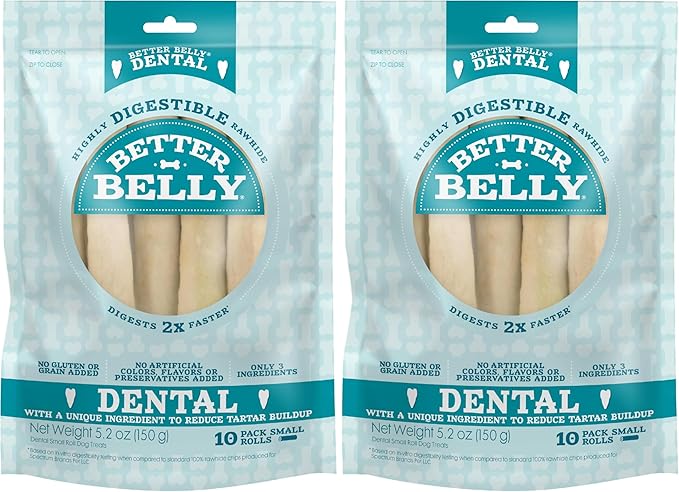 Better Belly Highly Digestible Rawhide Dental Chews, Treat Your Dog to a Chew with NO Artificial Colors or Flavors, 10 Count (Pack of 2)