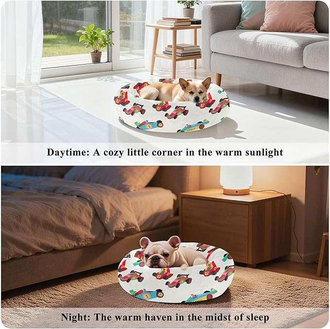 Dog Bed Race Cars Sleeping Pet Bed with Anti-Slip Bottom for Small Medium Dogs and Cats, Round Calming Sleeping Washable Puppy Beds 20 in