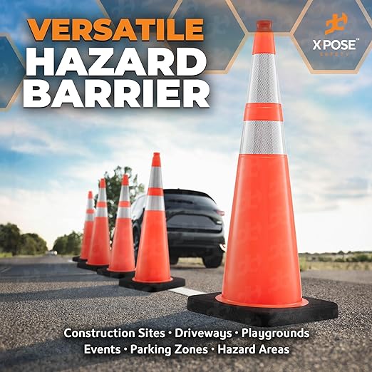 Xpose Safety 36 Inch Orange Traffic Cones Heavy Duty 12lb with 6" & 4" Collars, 24 Pack - Multipurpose PVC Plastic Safety Cone for Parking, Soccer, Caution, Kids and Construction - DOT Approved