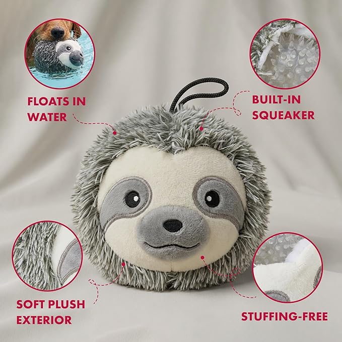Pet Lou 4 Inch EZ Squeaky Sloth Ball Dog Plush Toy, Stuffing-Free Soft Plush, Durable Bouncy Squeaker Ball, Floats in Water, Small & Medium Breed Chew Toys