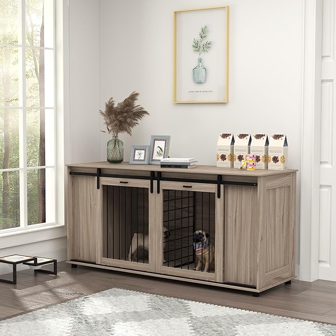 PawHut Dog Crate Furniture with Removable Divider for 2 Small Dogs or 1 Large Dog, 71" Modern Kennel Furniture End Table with Storage, Double Doors, Walnut