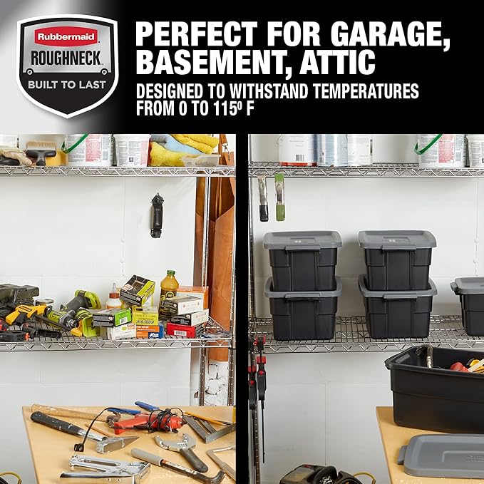 Rubbermaid 6-Pack Heavy Duty Durable 3 GAL Totes for Storage with Snap Lids and Handles, Plastic Storage Bins Stackable Black Gray for Home and Garage (3 GAL - 6 Pack Solid Black and Grey)