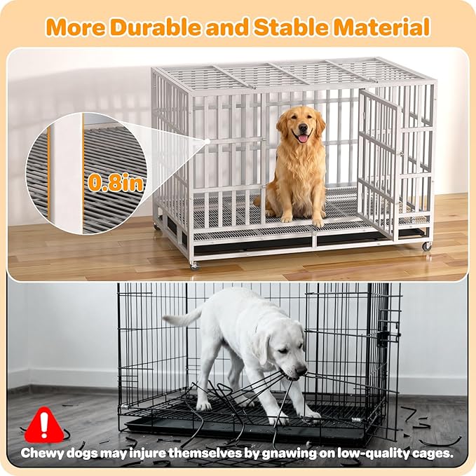 48 Inch Heavy Duty Dog Crate, Indestructible Escape-Proof Dog Kennel for High Anxiety Large Dogs, Strong Metal Pet Cage with Double Doors, Lockable Wheels & Removable Tray, XL XXL XXXL