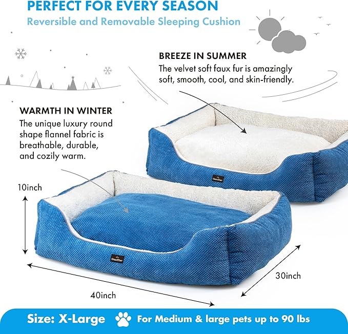 GRANDTIES Fluffy Dog Beds for Small Medium Large Dogs & Cats, Machine Washable Dog Bed, Rectangle Breathable Soft Calming Sleeping Warming Pet Beds with Waterproof & Non-Slip Bottom (XL 40", Azure)